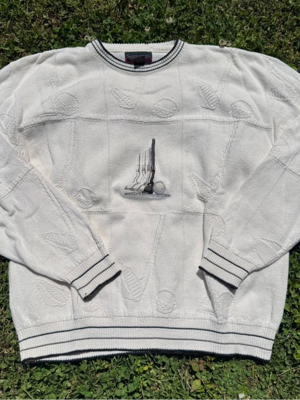 Vintage Saddlebred Off White Embroidered Mens Golf Crewneck Sweater